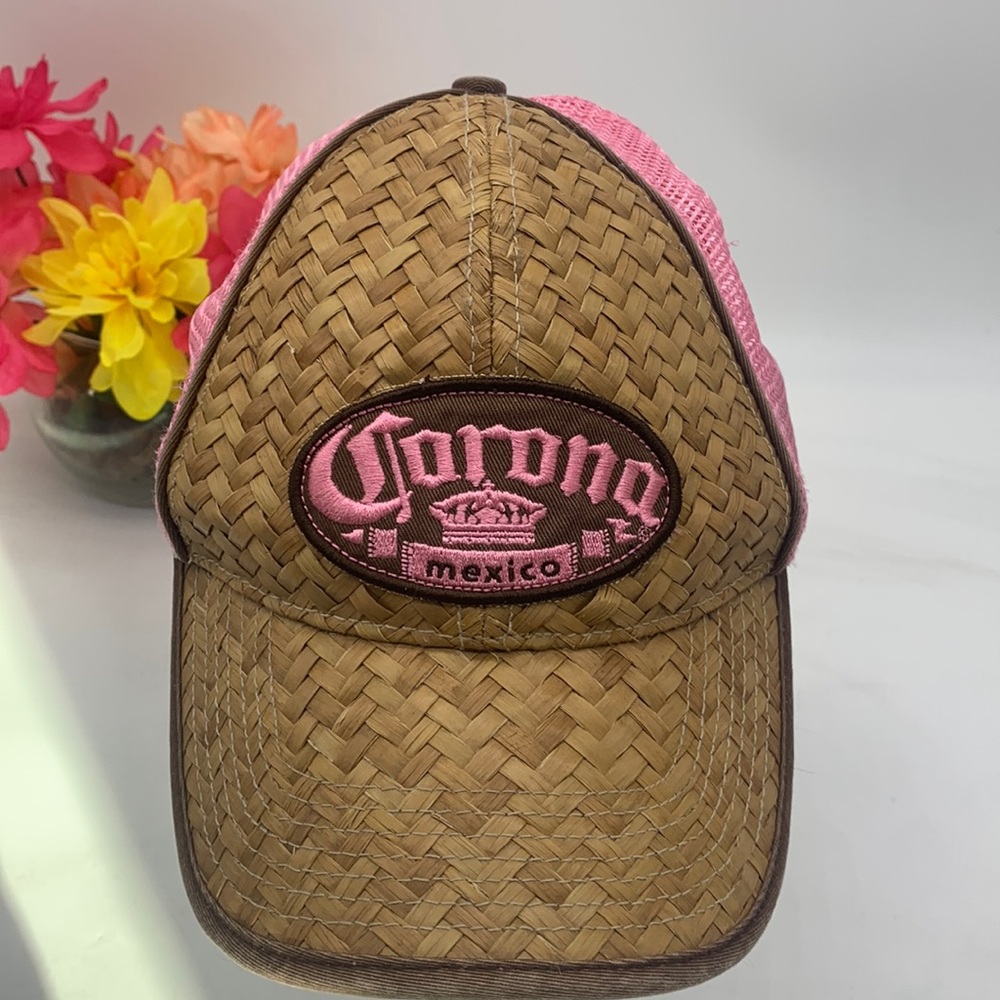 Bio-dome Corona Beer Mexico Pink Tan Basket Woven Adjustable HT4843C